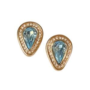 Gold Plated Light Blue White Rhinestones Vintage Signed SAL Halo Stud Earrings